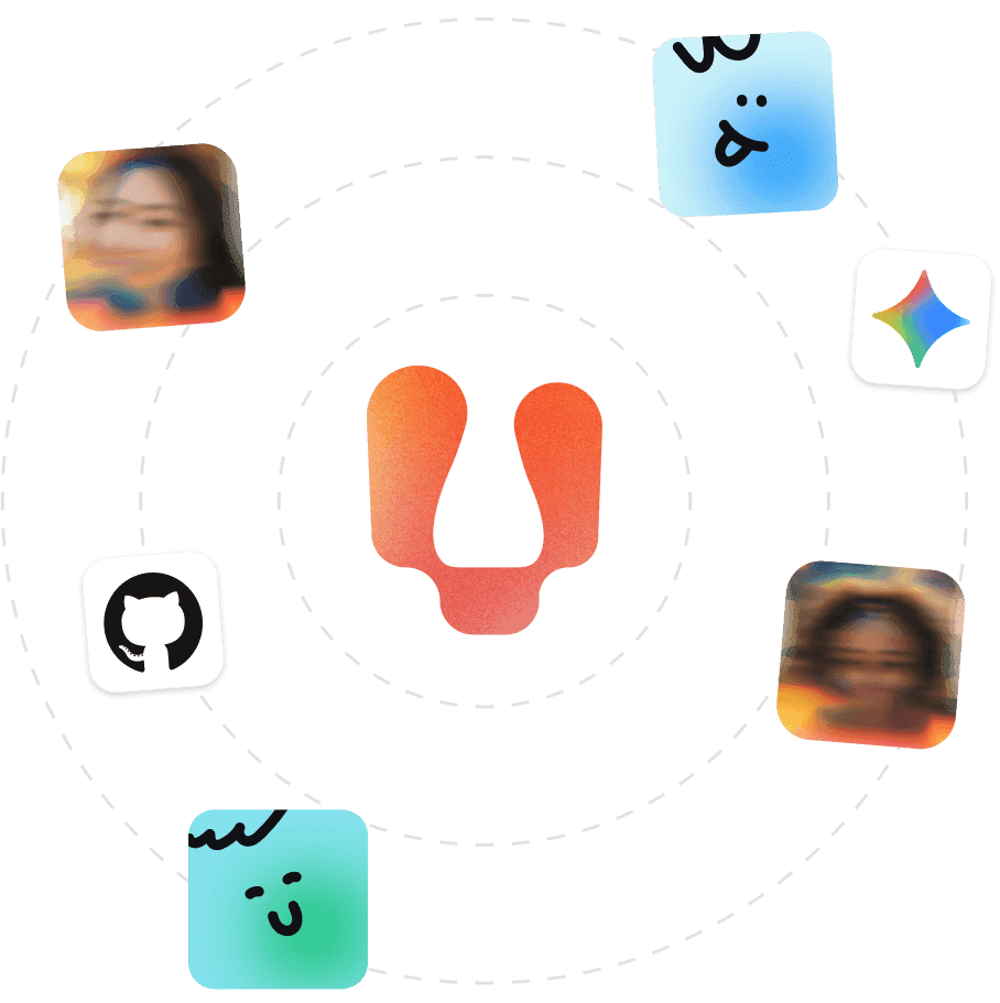 Central orange U-shaped logo surrounded by profile pictures, app icons, and stylized faces.