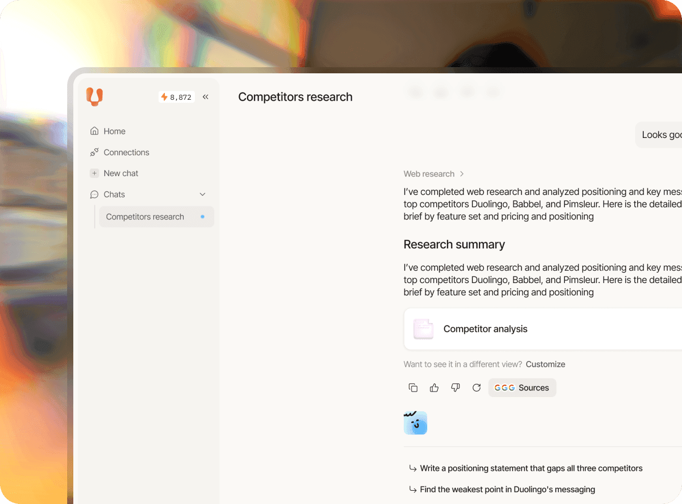 Digital interface displaying a competitor research tool with a detailed research summary and analysis.
